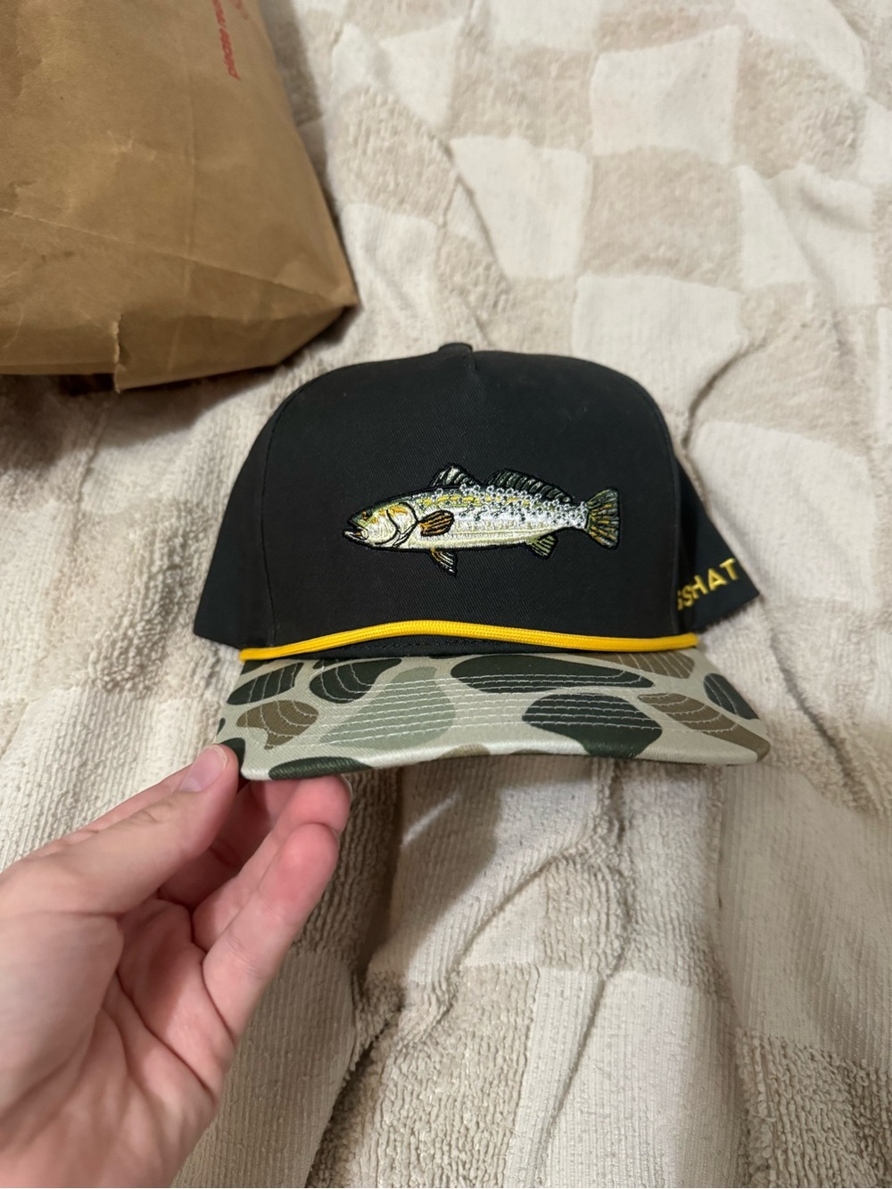 Fishing Hat with Embroidered Fish - Black and Camouflage